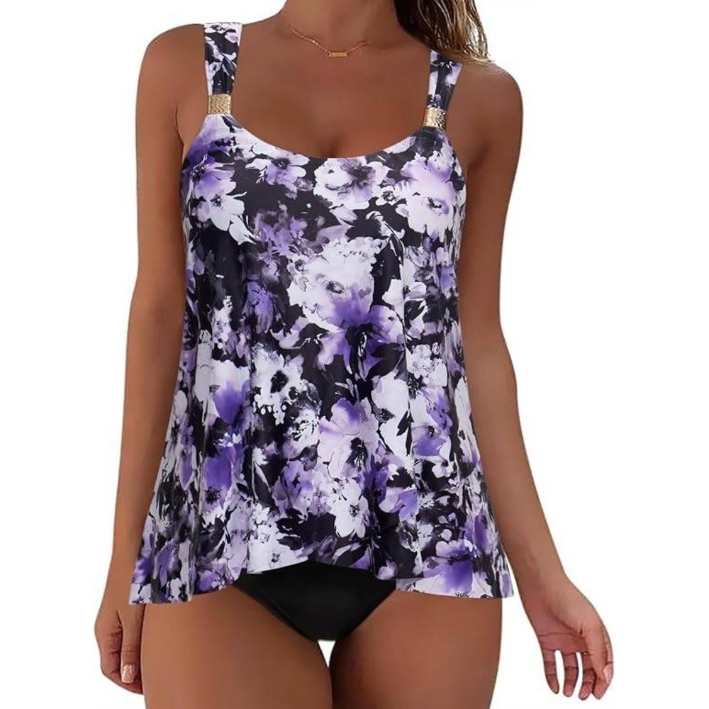 Women Purple Floral Tankini Swimsuit Two Piece Tummy Control Size L